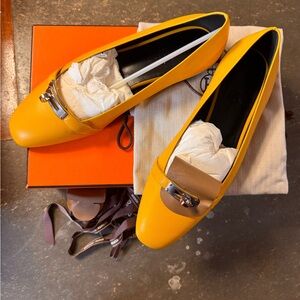 HERMES Authentic Bilbao Pumps Shoes Yellow Silver Flat Kelly Hardware Size 39